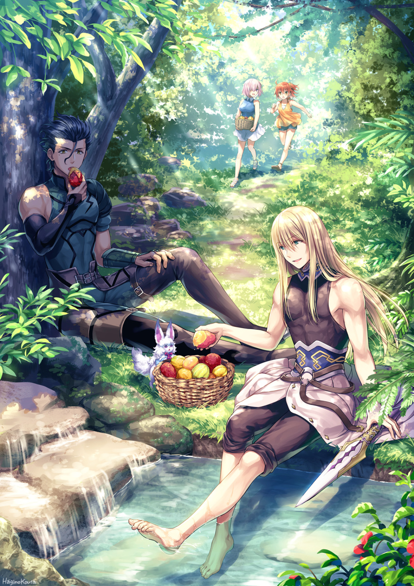 2boys 2girls :d bangs bare_arms bare_shoulders black_hair black_pants blonde_hair blue_shirt blue_shorts breasts brown_eyes brown_footwear collared_shirt commentary_request creature dappled_sunlight day diarmuid_ua_duibhne_(fate/grand_order) eyebrows_visible_through_hair fate/grand_order fate_(series) fionn_mac_cumhaill_(fate/grand_order) food forest fou_(fate/grand_order) fujimaru_ritsuka_(female) green_eyes hagino_kouta hair_between_eyes hair_ornament hair_over_one_eye hair_scrunchie hair_strand hand_on_own_thigh highres holding holding_food long_hair making-of_available mash_kyrielight medium_breasts mole mole_under_eye multiple_boys multiple_girls nature one_side_up open_mouth outdoors pants pants_rolled_up pink_hair pleated_skirt redhead running sandals scrunchie shirt shoe_soles short_shorts shorts sitting skirt sleeveless sleeveless_shirt smile soaking_feet sunlight very_long_hair violet_eyes water weapon white_skirt yellow_scrunchie