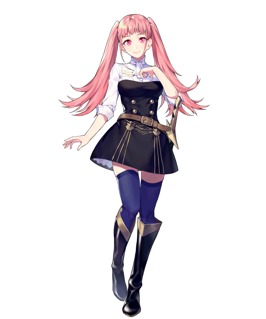 1girl bangs belt blue_legwear boots dress fire_emblem fire_emblem:_three_houses fire_emblem_heroes full_body highres hilda_valentine_goneril knee_boots long_hair official_art pink_hair shiny shiny_hair short_dress sleeves_rolled_up solo sword thigh-highs transparent_background twintails weapon zettai_ryouiki