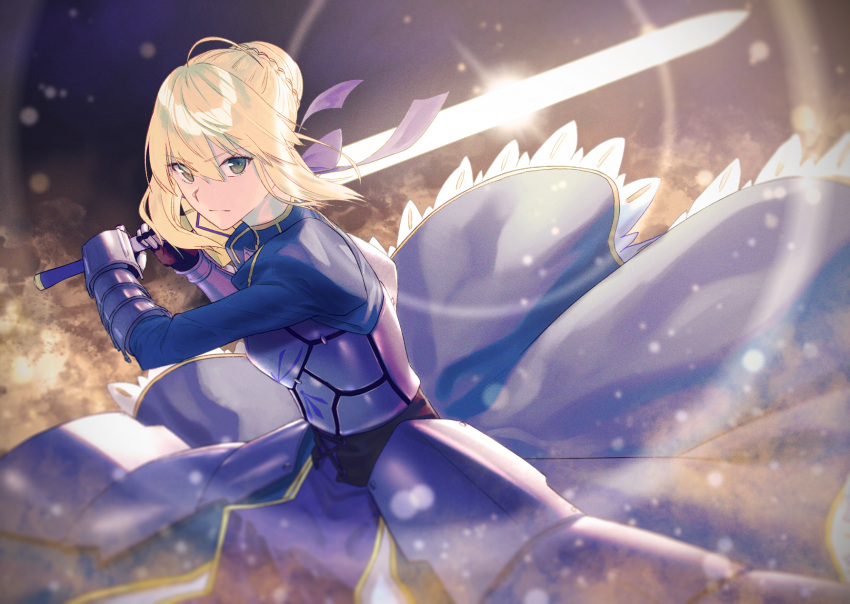 1girl ahoge armor armored_dress artoria_pendragon_(all) bangs blonde_hair blue_dress blue_ribbon braid breastplate closed_mouth commentary_request dress excalibur eyebrows_visible_through_hair fate/stay_night fate_(series) faulds fighting_stance floating_hair french_braid gauntlets green_eyes hair_between_eyes hair_bun hair_ribbon highres holding holding_sword holding_weapon juliet_sleeves lip-mil long_dress long_sleeves looking_at_viewer puffy_sleeves ribbon saber shiny shiny_hair short_hair sidelocks solo standing sword two-handed weapon wind