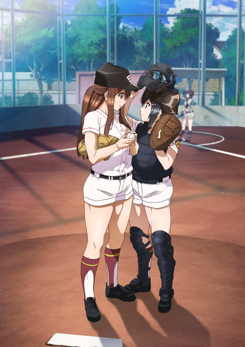 3girls absurdres ball baseball baseball_bat baseball_cap baseball_helmet baseball_jersey baseball_mitt baseball_uniform belt black_hair brown_eyes catcher character_request chest_protector clothes_writing clouds cloudy_sky day hair_ornament hairpin hat helmet highres holding holding_ball long_hair looking_at_another multiple_girls official_art outdoors ponytail shin_guards short_hair shorts sidelocks sky socks sportswear sweat tamayomi tree