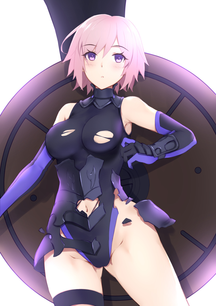 1girl :o armor armored_core armpits ass_visible_through_thighs bangs bare_shoulders black_leotard blush breasts broken_armor cowboy_shot elbow_gloves eyebrows_visible_through_hair eyes_visible_through_hair fate/grand_order fate_(series) gloves groin hair_over_one_eye highres jilu leotard looking_at_viewer mash_kyrielight medium_breasts navel parted_lips pink_hair purple_gloves shield short_hair simple_background solo thigh_strap torn_clothes torn_leotard violet_eyes white_background wrist_guards