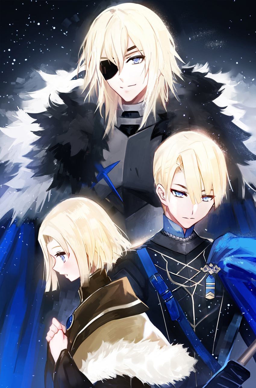 1boy age_progression armor blue_eyes cape child dimitri_alexandre_bladud eyepatch fire_emblem fire_emblem:_three_houses fur_trim gloves highres long_hair looking_at_viewer male_focus moemoe3345 snow solo