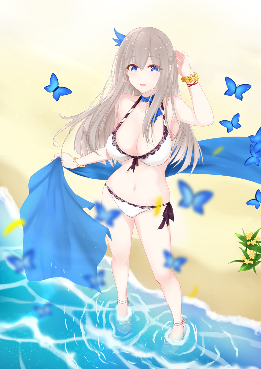 1girl absurdres alternate_costume bikini blue_butterfly blue_eyes bracelet braid breasts bug butterfly choker french_braid from_above front-tie_bikini front-tie_top hair_ornament highres hiroshi_(2443303124) insect jewelry large_breasts lexington_(warship_girls_r) long_hair sandals side-tie_bikini solo swimsuit very_long_hair wading warship_girls_r white_bikini