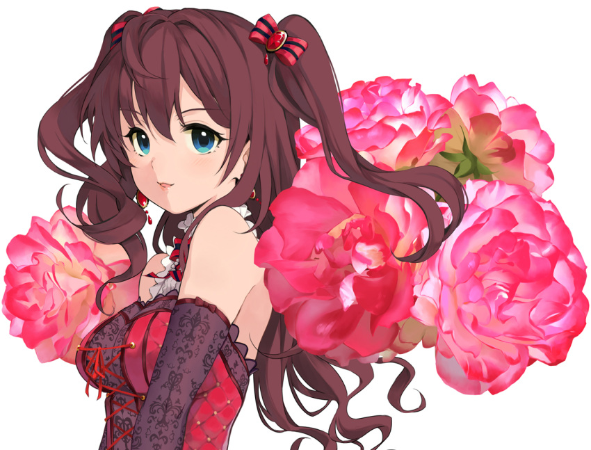 1girl ahoge bangs black_gloves blue_eyes blush bow breasts brown_hair dress earrings elbow_gloves eyebrows_visible_through_hair flower gloves hair_between_eyes hair_bow ichinose_shiki idolmaster idolmaster_cinderella_girls jewelry kirarin369 lips long_hair looking_at_viewer medium_breasts parted_lips red_bow red_dress red_flower simple_background smile solo striped striped_bow two_side_up upper_body white_background