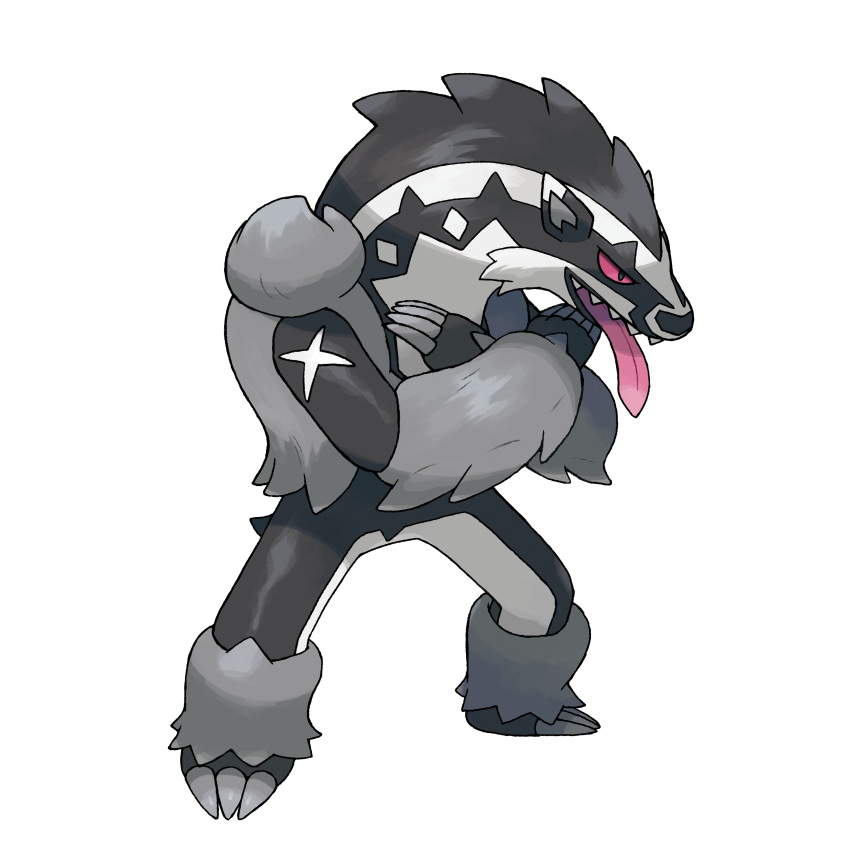 absurdres artist_request claws crossed_arms full_body furry gen_8_pokemon highres legs_apart no_humans obstagoon official_art open_mouth outline pokemon pokemon_(creature) pokemon_(game) pokemon_swsh sharp_teeth smile solo standing teeth tongue tongue_out transparent_background white_outline