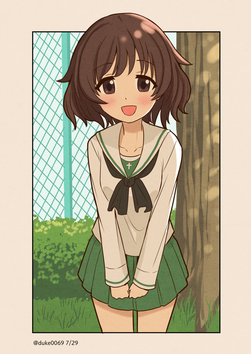 1girl absurdres akiyama_yukari bangs blush brown_eyes brown_hair bush collarbone dated duke_(kimurasun) fence girls_und_panzer grass green_skirt highres long_sleeves looking_at_viewer ooarai_school_uniform open_mouth pleated_skirt school_uniform short_hair skirt smile solo thighs tree twitter_username