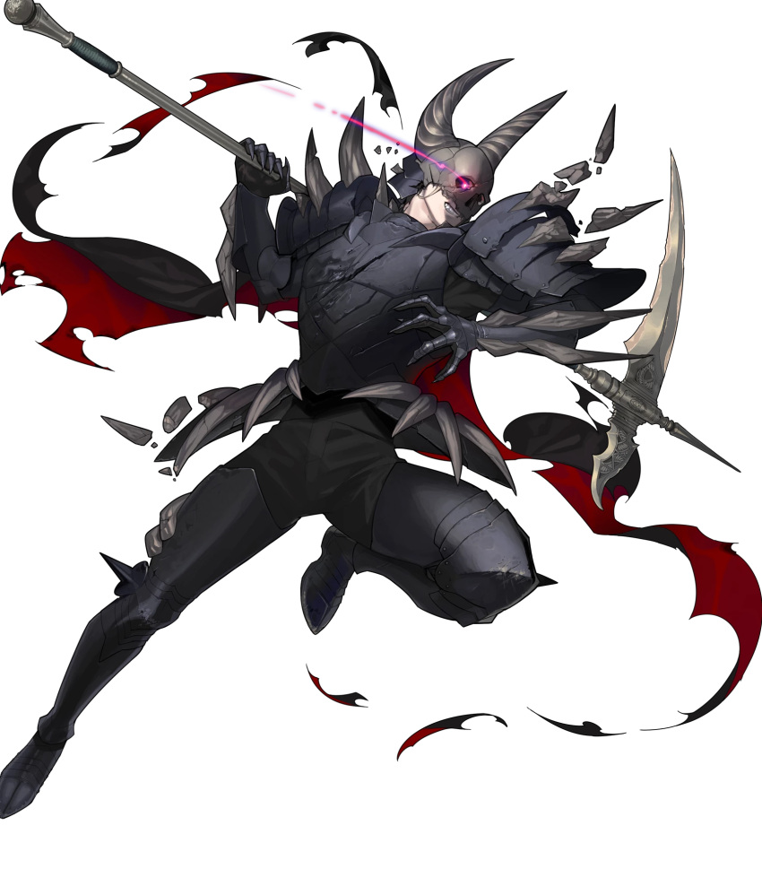 1boy armor armored_boots boots cape death_knight_(fire_emblem) fangs fire_emblem fire_emblem:_three_houses fire_emblem_heroes full_body gloves glowing glowing_eyes helmet highres horns injury male_focus official_art red_eyes scythe solo teeth torn_clothes transparent_background