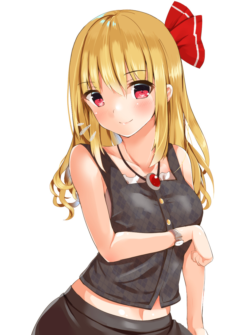 1girl alternate_hair_length alternate_hairstyle bangs bare_arms bare_shoulders black_skirt black_vest blonde_hair blush breasts commentary_request eyebrows_visible_through_hair fujiko_(emnprmn) hair_between_eyes hair_ribbon highres jewelry long_hair looking_at_viewer medium_breasts midriff_peek navel pendant plaid plaid_vest red_eyes red_ribbon ribbon rumia sidelocks simple_background skirt smile solo touhou upper_body vest watch watch white_background