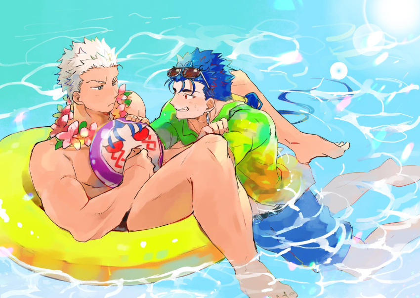 2boys archer blue_hair blush chest cu_chulainn_(fate)_(all) earrings emiya-san_chi_no_kyou_no_gohan fate/grand_order fate/hollow_ataraxia fate/stay_night fate_(series) highres jewelry lancer long_hair male_focus male_swimwear multiple_boys muscle pectorals ponytail pool red_eyes smile swim_trunks swimming swimsuit thighs type-moon ueki1230 white_hair yaoi