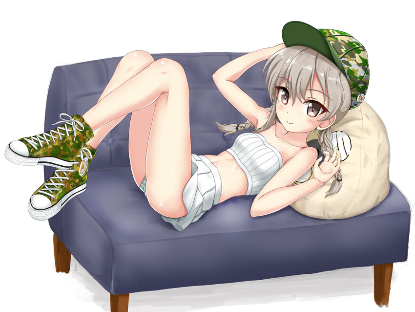 1girl arm_up bandeau bangs baseball_cap blush braid breasts brown_eyes brown_hair camouflage_footwear camouflage_hat closed_mouth collarbone commentary_request couch eyebrows_visible_through_hair flipper girls_und_panzer hair_between_eyes hand_up hat knees_up long_hair lying on_back on_couch panties pillow pleated_skirt shimada_arisu shoes sidelocks skirt small_breasts smile solo striped striped_panties twin_braids twintails underwear white_background white_bandeau white_skirt