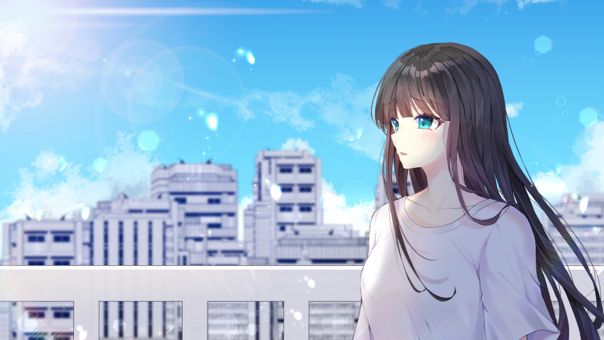 1girl bangs blue_eyes blue_sky blurry blurry_background blush breasts brown_hair building cityscape clouds commentary_request commission day depth_of_field eyebrows_visible_through_hair highres long_hair looking_away miyo_(user_zdsp7735) original outdoors parted_lips railing shirt short_sleeves sky small_breasts solo very_long_hair white_shirt