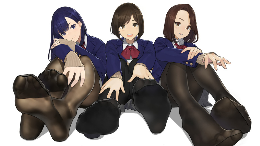 3girls aikawa_ren bangs beige_cardigan black_legwear blazer blue_eyes blue_hair blue_jacket blush bow bowtie breasts brown_eyes brown_hair brown_legwear end_card eyebrows_visible_through_hair feet grey_skirt hair_behind_ear head_on_arm highres jacket long_hair long_sleeves looking_at_viewer miru_tights moegi_homi mole mole_under_eye multiple_girls nakabeni_yua no_shoes official_art open_mouth pantyhose parted_bangs pleated_skirt red_neckwear school_uniform shirt short_hair simple_background sitting skirt smile thighband_pantyhose underwear white_shirt yomu_(sgt_epper)