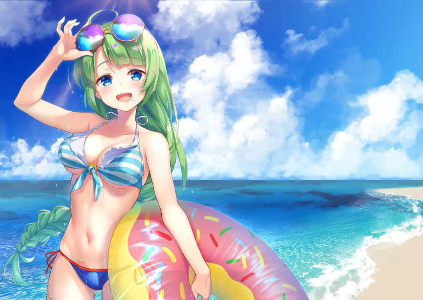 1girl ahoge bangs beach bikini blue_bikini blue_eyes blue_sky blush braid clouds cowboy_shot day green_hair groin holding holding_innertube innertube kantai_collection long_hair looking_at_viewer mafuyun mole mole_under_mouth navel ocean open_mouth outdoors sidelocks single_braid sky smile solo stomach sunglasses swimsuit tinted_eyewear very_long_hair yuugumo_(kantai_collection)