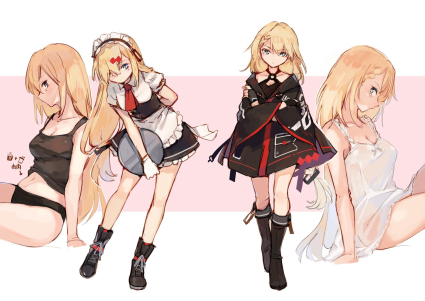 2girls ahoge apron asymmetrical_legwear bangs black_gloves blonde_hair blue_eyes blush boots braid breasts choker closed_mouth collarbone cosplay cross-laced_footwear dress g36_(girls_frontline) g36_(girls_frontline)_(cosplay) girls_frontline gloves hair_between_eyes hair_ornament hair_over_one_eye heterochromia highres holding lace-up_boots large_breasts long_hair looking_at_viewer maid maid_apron maid_headdress medium_breasts mg36_(girls_frontline) mg36_(girls_frontline)_(cosplay) multiple_girls o-ring shuzi sidelocks single_sock smile socks thigh_strap very_long_hair yellow_eyes