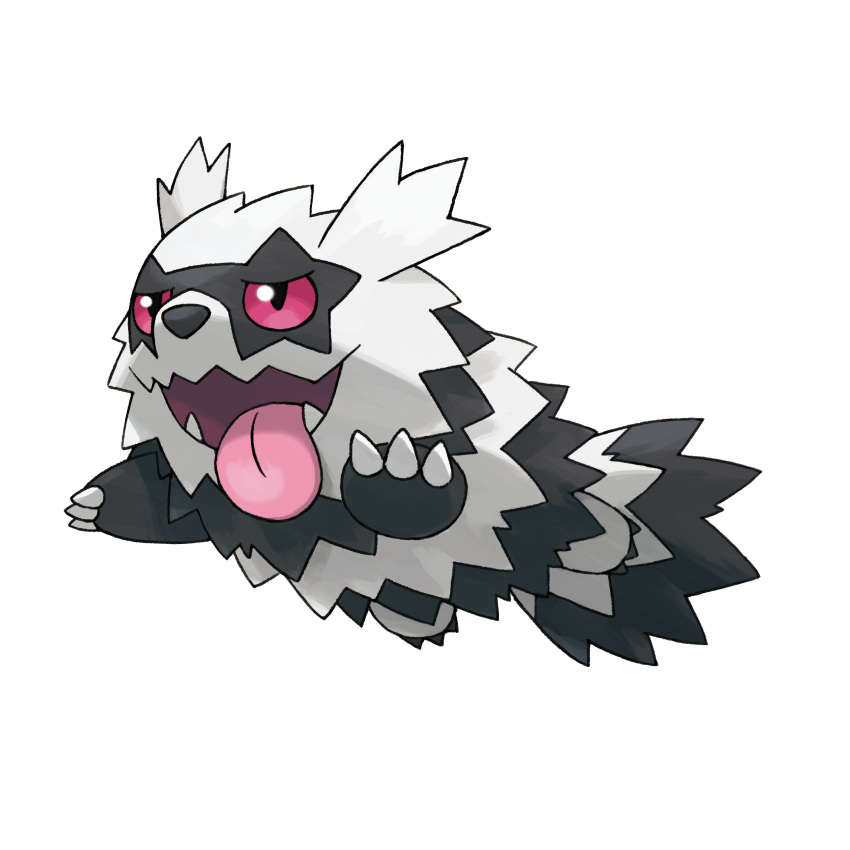 absurdres artist_request black_eyes claws full_body galar_form galarian_zigzagoon gen_8_pokemon highres jumping no_humans official_art open_mouth outline pink_sclera pokemon pokemon_(creature) pokemon_(game) pokemon_swsh sharp_teeth smile solo teeth tongue tongue_out transparent_background white_outline