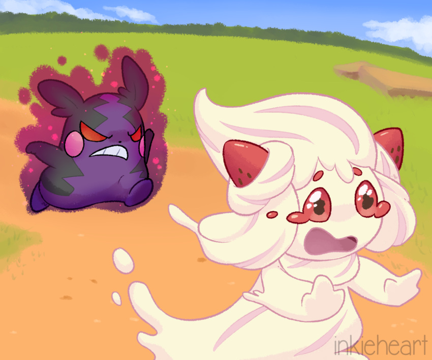 alcremie angry artist_name aura chasing distress gen_8_pokemon hamster hangry inkie-heart morpeko open_mouth pokemon pokemon_(creature) pokemon_swsh red_eyes running scowl strawberry tears teeth whipped_cream