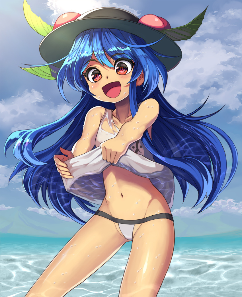 1girl :d adapted_costume ass_visible_through_thighs bangs bare_arms bare_shoulders black_headwear blue_hair blue_sky blush clouds commentary_request cowboy_shot day eyebrows_visible_through_hair food fruit groin hair_between_eyes highres hinanawi_tenshi leaf lifted_by_self long_hair looking_at_viewer navel open_mouth outdoors peach red_eyes shope single_sidelock sky smile solo standing stomach tank_top tank_top_lift thighs touhou very_long_hair water white_bikini_bottom white_tank_top