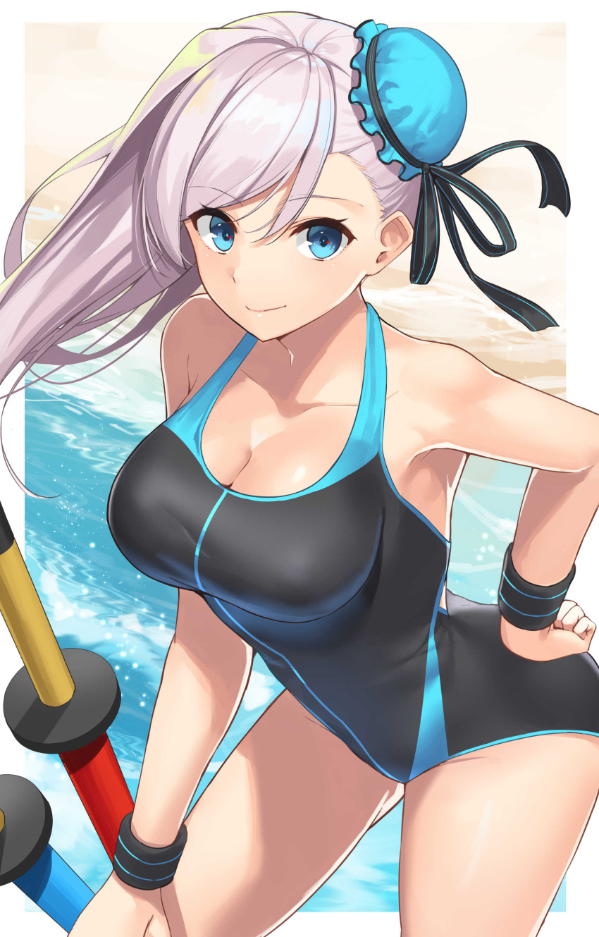 1girl absurdres arm_up armpits bangs beach blue_eyes blue_swimsuit blush breasts closed_mouth competition_swimsuit day eyebrows_visible_through_hair fate/grand_order fate_(series) floating_hair hair_bun hand_on_hip highres large_breasts leaning_forward leg_up long_hair looking_at_viewer miyamoto_musashi_(fate/grand_order) one-piece_swimsuit one_eye_closed outdoors outside_border phano_(125042) sand sidelocks smile solo splashing swimsuit upper_body wading wet white_hair wristband