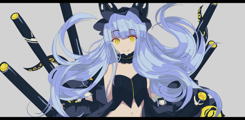 absurdres arms_behind_back azur_lane bare_arms bare_shoulders belly blue_hair cannon choker eyebrows_visible_through_hair grey_background highres huge_filesize juna_(sir_mfmf) lace lace_choker letterboxed long_hair looking_at_viewer mechanical_ears simple_background siren_(azur_lane) siren_purifier_(azur_lane) smile tentacles yellow_eyes