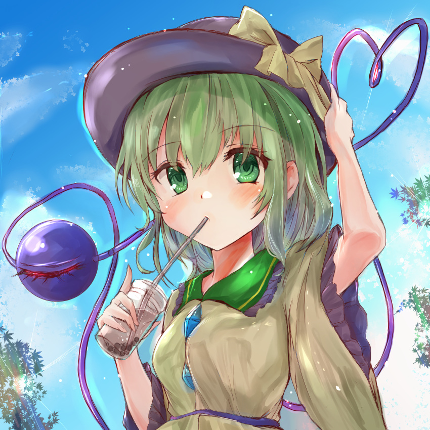 1girl black_headwear blouse blue_sky blush breasts bubble_tea clouds commentary_request cup day disposable_cup drinking_straw eyebrows_visible_through_hair frilled_shirt_collar frilled_sleeves frills green_eyes green_hair hair_between_eyes hand_on_headwear hat hat_ribbon heart heart_of_string highres ikazuchi_akira komeiji_koishi lens_flare light_particles long_sleeves looking_at_viewer outdoors ribbon short_hair sky small_breasts solo third_eye touhou tree upper_body wide_sleeves yellow_blouse