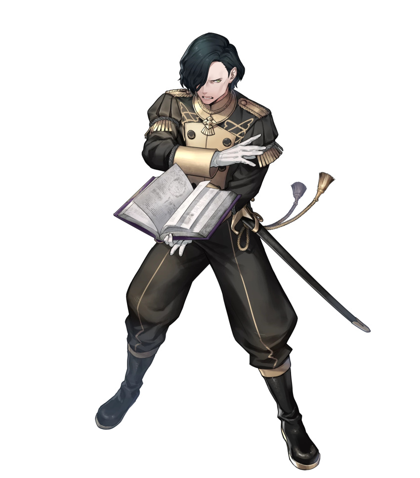 1boy black_hair book boots epaulettes fire_emblem fire_emblem:_three_houses fire_emblem_heroes full_body gloves green_eyes hair_over_one_eye highres hubert_von_vestra looking_at_viewer male_focus official_art open_mouth p-nekor solo sword teeth transparent_background weapon