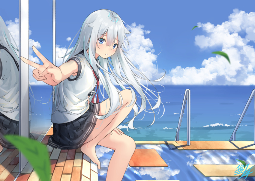 1girl :o bangs bare_legs barefoot black_sailor_collar black_skirt blue_eyes blue_sky blurry blurry_foreground blush clouds commentary_request day depth_of_field eyebrows_visible_through_hair hair_between_eyes hair_flaps hibiki_(kantai_collection) horizon kantai_collection knee_up leaves_in_wind long_hair looking_at_viewer looking_to_the_side miko_fly neckerchief ocean outdoors outstretched_arm parted_lips pleated_skirt railing red_neckwear sailor_collar school_uniform serafuku shirt short_hair short_sleeves signature silver_hair sitting skirt sky solo v very_long_hair water white_shirt