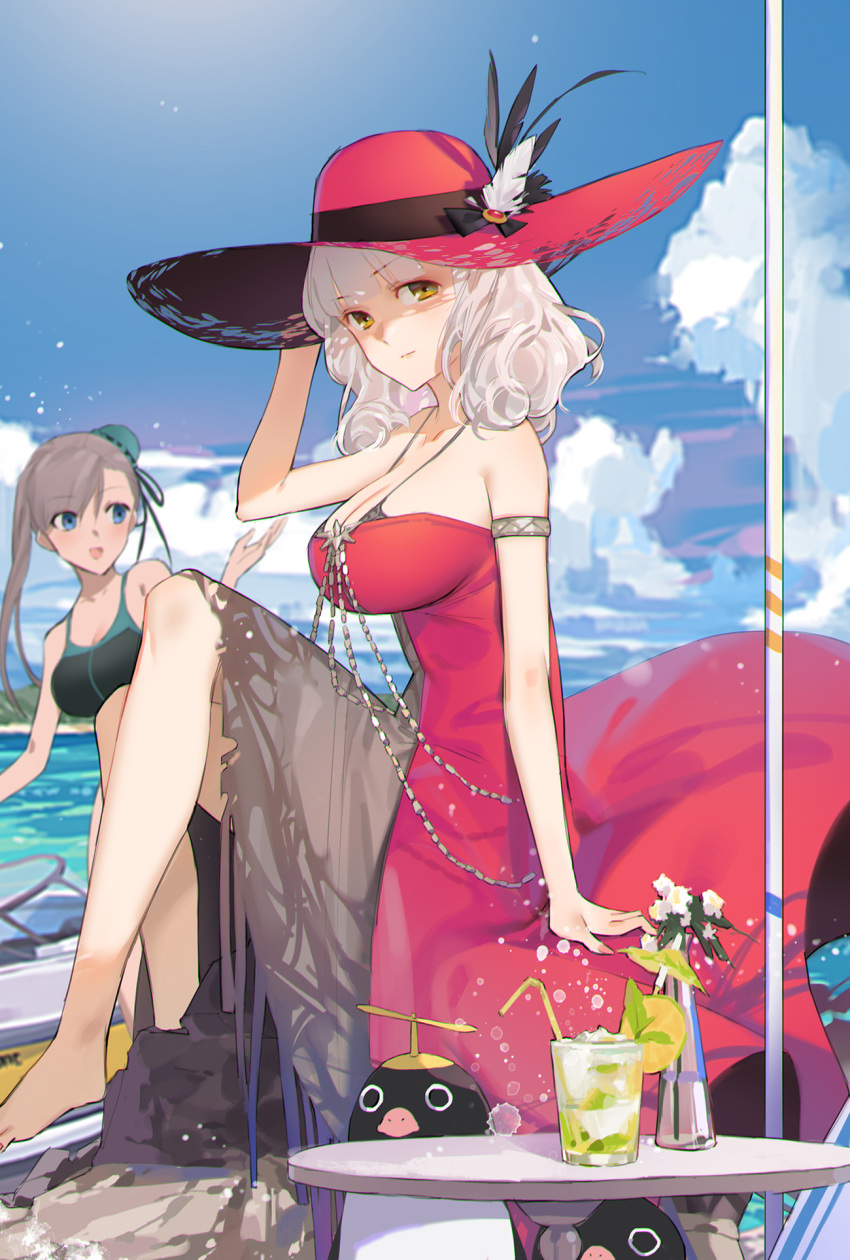 2girls alternate_costume asymmetrical_hair black_swimsuit blue_eyes blue_sky breasts bun_cover carmilla_(fate/grand_order) competition_swimsuit cup curly_hair day dress drinking_glass drinking_straw fate/grand_order fate_(series) hair_bun hat highres large_breasts long_hair miyamoto_musashi_(fate/grand_order) multiple_girls neee-t one-piece_swimsuit outdoors pink_hair red_dress red_headwear silver_hair sitting sky sleeveless sleeveless_dress sun_hat swimsuit yellow_eyes