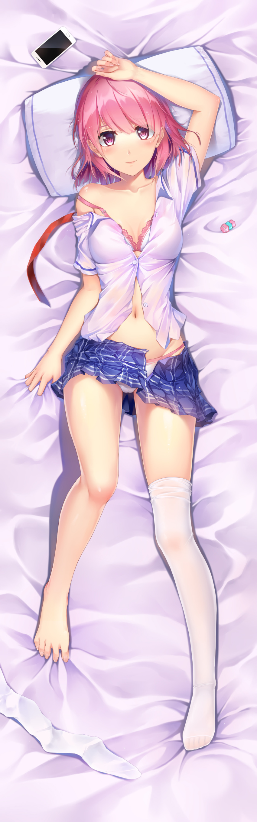 1girl absurdres arm_up bangs bed_sheet blue_skirt blush bra breasts cellphone collarbone dakimakura dress_shirt feet from_above highres lace lace-trimmed_bra ling_shi_zhi_meng looking_at_viewer lying navel off_shoulder on_back open_clothes open_shirt open_skirt original panties partially_unbuttoned phone pillow pink_eyes pink_hair plaid plaid_skirt pleated_skirt see-through shiny shiny_skin shirt short_sleeves single_thighhigh skirt skirt_lift smartphone solo strap_slip swept_bangs thigh-highs thighhigh_removed underwear white_legwear