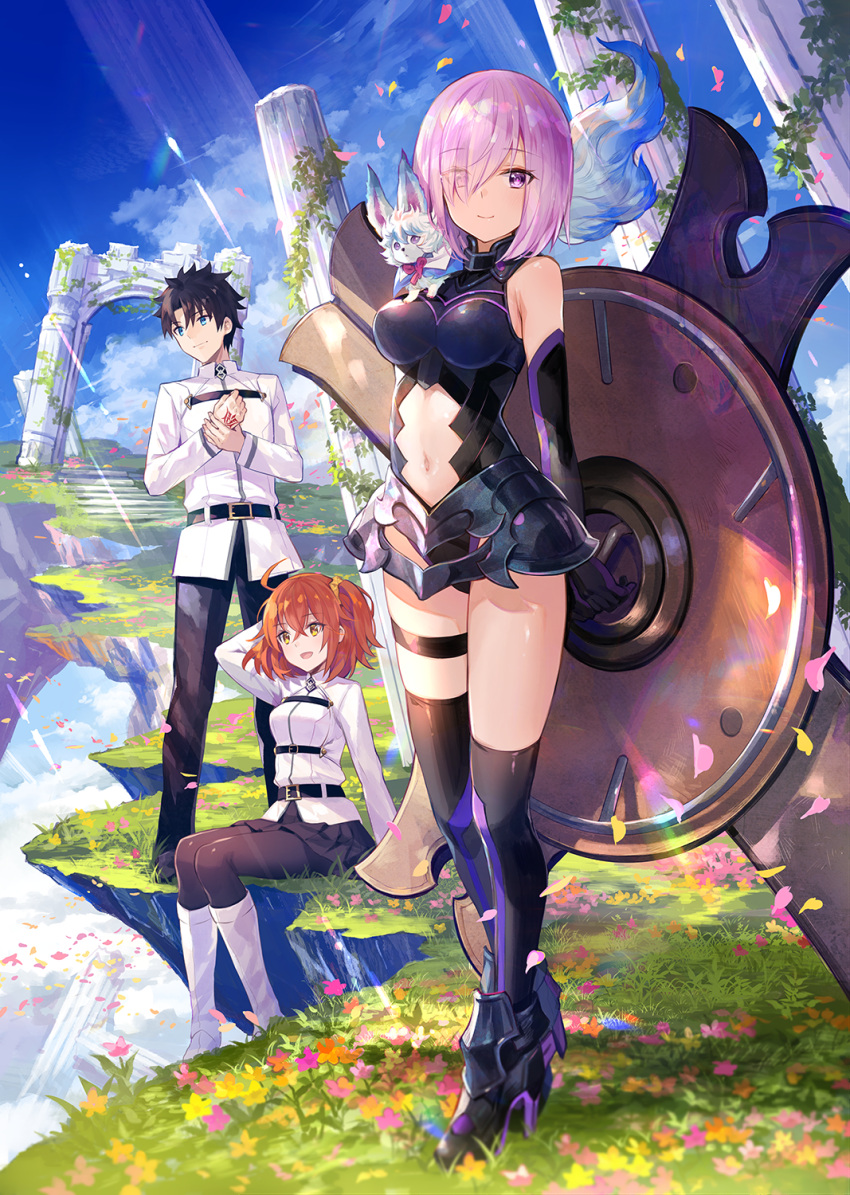 1boy 2girls :d ahoge arm_up armor armored_boots bangs bare_shoulders black_footwear black_gloves black_hair black_legwear black_pants blue_eyes blue_sky boots breasts brown_eyes center_opening creature crossed_bangs day elbow_gloves fate/grand_order fate_(series) fou_(fate/grand_order) fuji_choko fujimaru_ritsuka_(female) fujimaru_ritsuka_(male) gloves hair_over_one_eye high_heel_boots high_heels highres holding knee_boots large_breasts lavender_hair long_sleeves looking_at_viewer looking_away mash_kyrielight multiple_girls navel one_side_up open_mouth orange_hair outdoors pants ruins shield short_hair sidelocks sitting sky smile standing thigh-highs thigh_strap violet_eyes white_coat white_footwear