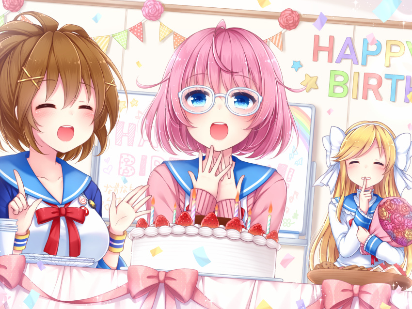 3girls :d ahoge akesaka_serina badge birthday blonde_hair blue_eyes blush bouquet bow bowl breasts brown_hair button_badge cake candle cardigan chunithm closed_eyes commentary_request confetti cookie dutch_angle english_text eyebrows_visible_through_hair finger_to_mouth fire flower food fruit hair_bow hair_ornament hairband happy_birthday highres indoors large_breasts long_hair long_sleeves looking_at_viewer multiple_girls neck_ribbon ogata_arishiana open_cardigan open_clothes open_mouth own_hands_together parted_lips pink_cardigan pink_hair red_ribbon ribbon sanotsuki school_uniform serafuku short_hair smile sparkle strawberry string_of_flags sweatband tennouzu_nazuna very_long_hair white_bow x_hair_ornament