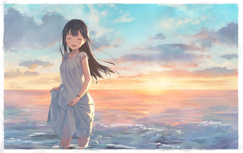 1girl bangs black_hair closed_eyes clouds dress dress_lift facing_viewer lifted_by_self long_hair open_mouth original outdoors shouin solo standing sunset water