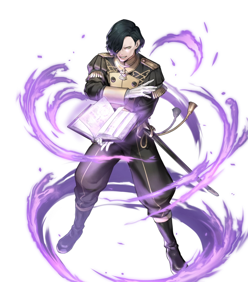 1boy aura black_hair book boots epaulettes fire fire_emblem fire_emblem:_three_houses fire_emblem_heroes full_body gloves green_eyes hair_over_one_eye highres hubert_von_vestra looking_at_viewer male_focus official_art p-nekor solo sword teeth transparent_background weapon