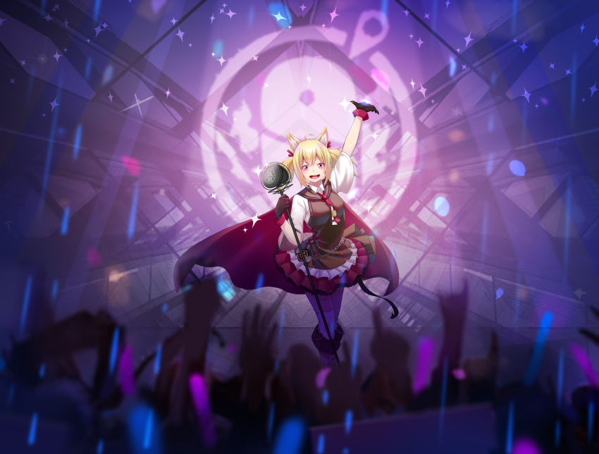 1girl ahoge animal_ears arknights artist_request bangs black_gloves blonde_hair blush boots breasts cape cat_ears chain commentary_request dress eyebrows_visible_through_hair gloves hair_between_eyes hair_ornament heart highres holding holding_microphone_stand looking_at_viewer medium_breasts medium_hair microphone pink_eyes pink_footwear red_caspe red_dress red_ribbon ribbon short_sleeves solo_focus thigh-highs twintails white_dress white_legwear