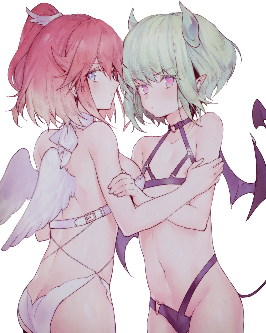 1boy 1girl absurdres aina_ardebit angel angel_wings ass belt blonde_hair blush breasts choker demon demon_wings gloves green_hair highres lio_fotia looking_at_viewer male_focus midriff navel otoko_no_ko pink_hair promare shii_(luochen_xi) short_hair side_ponytail simple_background tail violet_eyes white_background wings