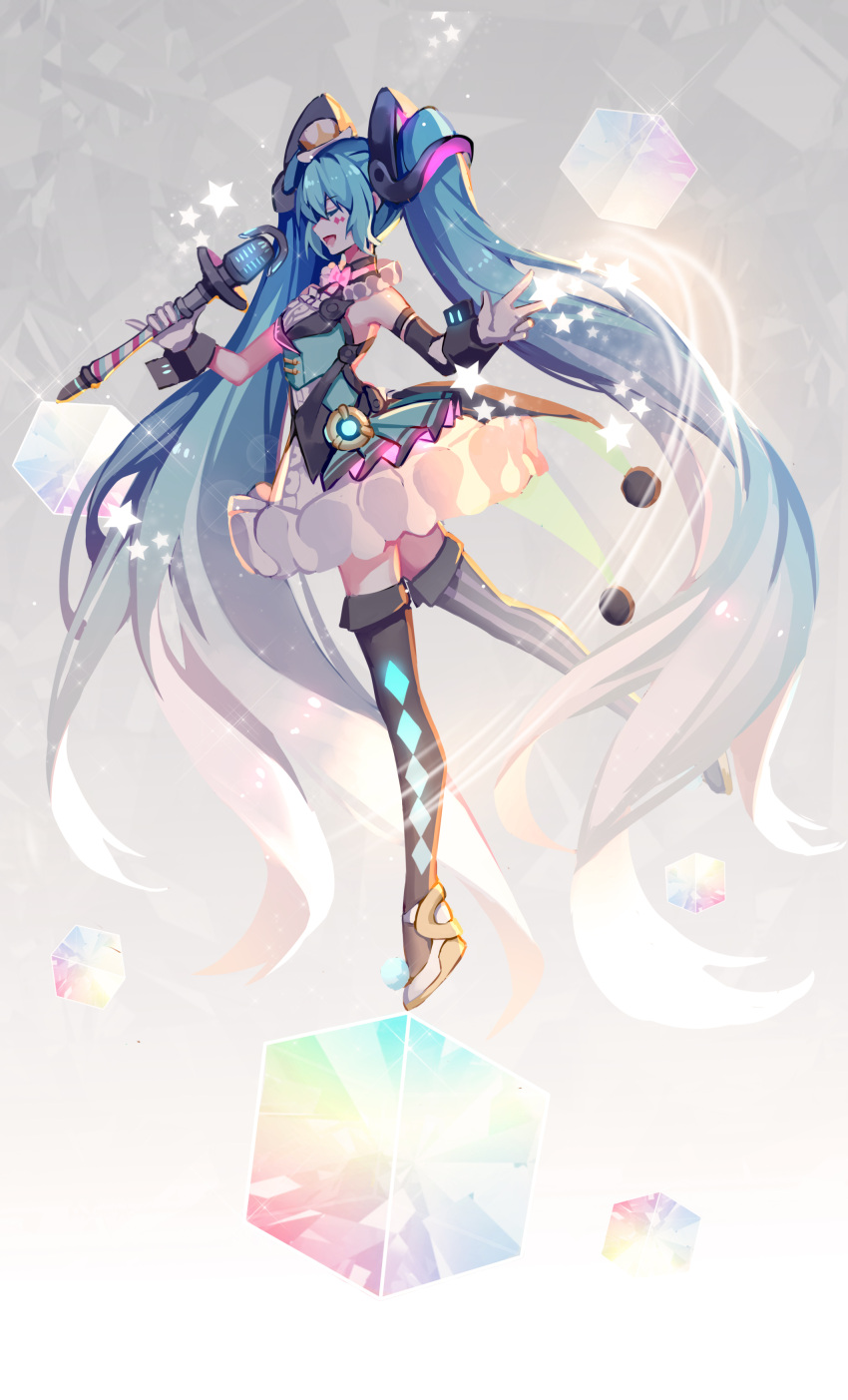 absurdres aqua_hair bare_shoulders closed_eyes collar commentary cube detached_sleeves diamond_(shape) facial_tattoo frilled_collar frilled_skirt frills from_side full_body gloves hair_ornament hat hatsune_miku highres holding holding_wand kazenemuri long_hair magical_mirai_(vocaloid) microphone mini_hat mini_top_hat mismatched_legwear open_mouth pinky_out rainbow shirt skirt sleeveless sleeveless_shirt star tattoo thigh-highs top_hat twintails very_long_hair vocaloid w wand white_gloves wristband