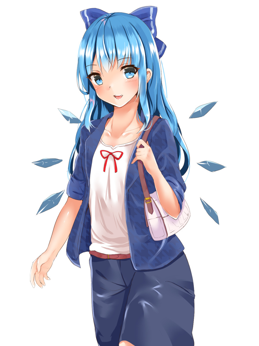 1girl :d alternate_costume alternate_hair_length alternate_hairstyle bag bangs belt blue_bow blue_eyes blue_hair blue_jacket blue_skirt blush bow brown_belt casual cirno collarbone commentary_request contemporary cowboy_shot eyebrows_visible_through_hair fujiko_(emnprmn) hair_bow hand_up handbag highres ice ice_wings jacket long_hair looking_at_viewer open_mouth red_ribbon ribbon shirt short_sleeves sidelocks simple_background skirt smile solo standing touhou white_background white_shirt wings