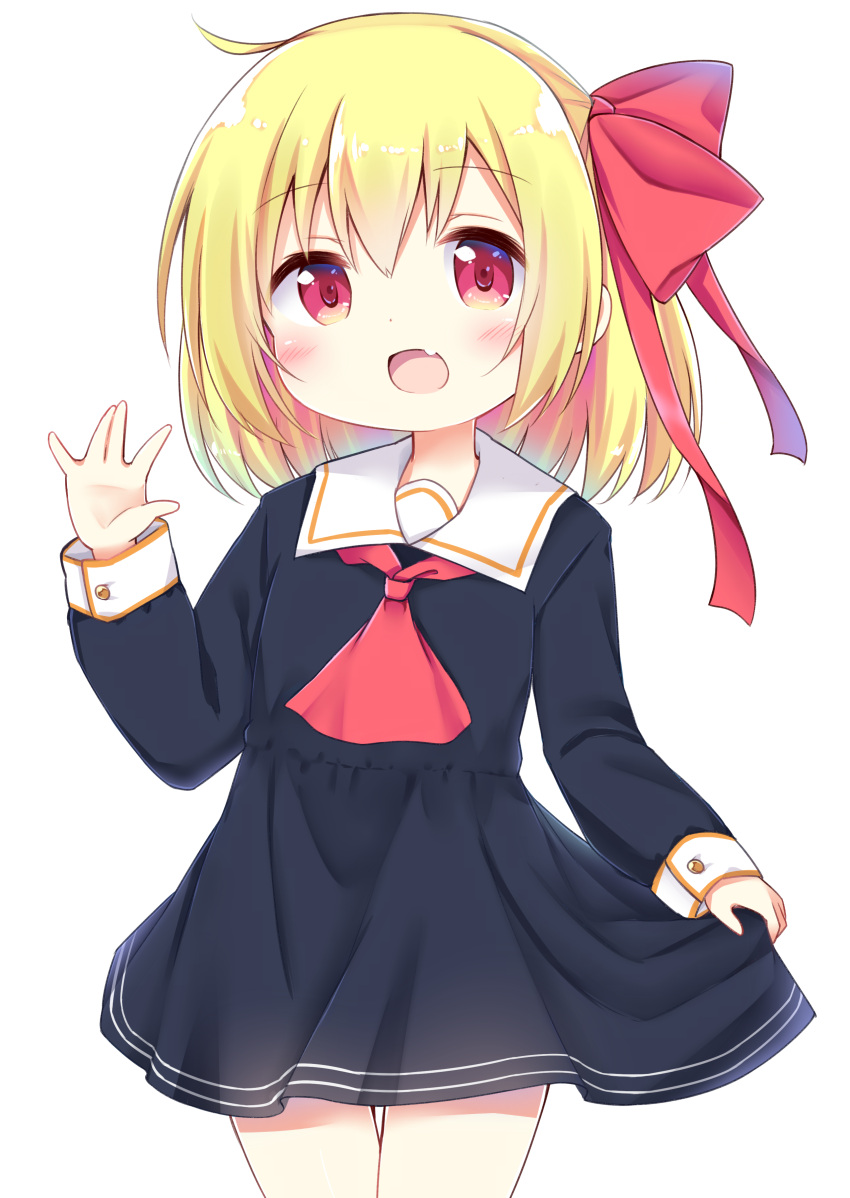 1girl :d absurdres ascot bangs black_dress blonde_hair blush bow commentary_request dress esureki eyebrows_visible_through_hair fang hair_between_eyes hair_bow highres long_hair long_sleeves looking_at_viewer open_mouth red_bow red_eyes red_neckwear rumia sailor_collar sailor_dress simple_background skirt_hold sleeves_past_wrists smile solo touhou white_background white_sailor_collar