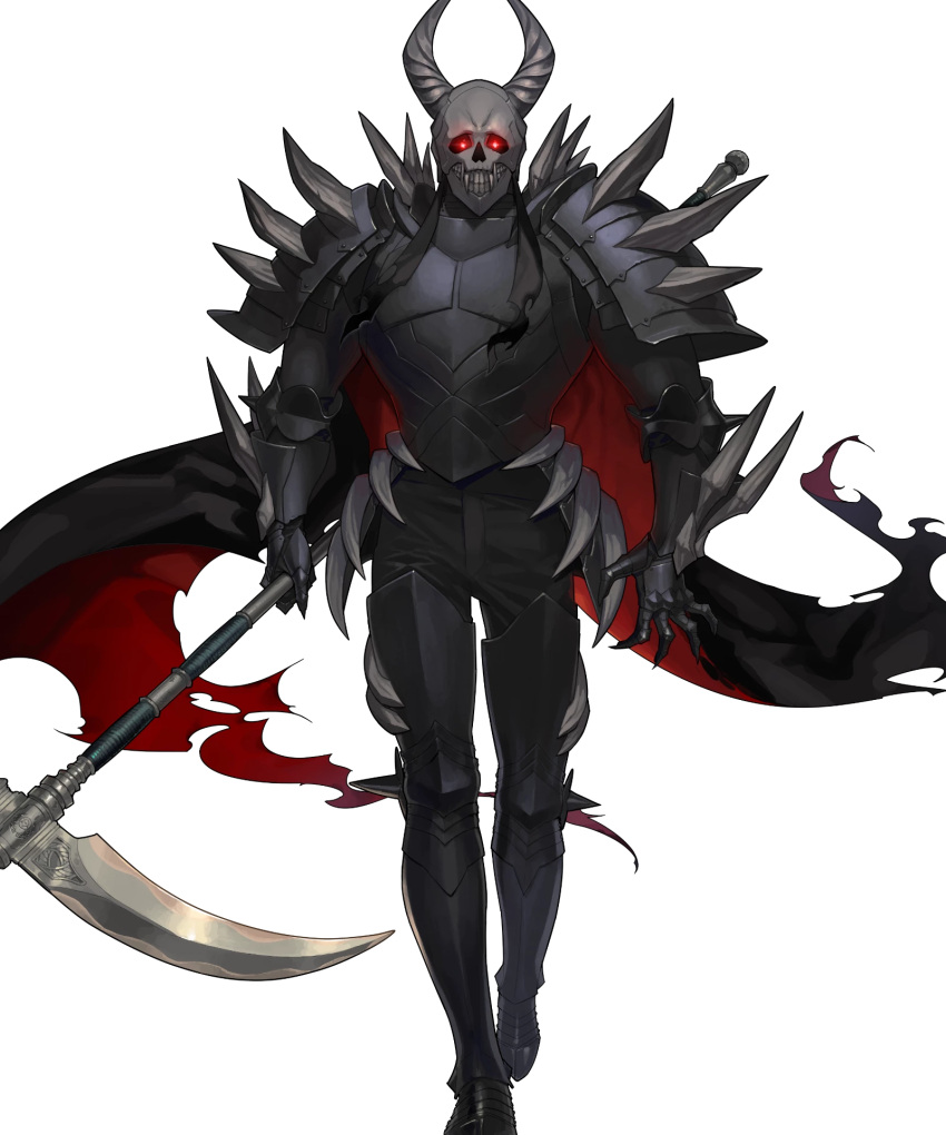 1boy armor armored_boots boots cape death_knight_(fire_emblem) fangs fire_emblem fire_emblem:_three_houses fire_emblem_heroes full_body gloves glowing glowing_eyes helmet highres horns looking_at_viewer male_focus official_art red_eyes scythe solo torn_clothes transparent_background