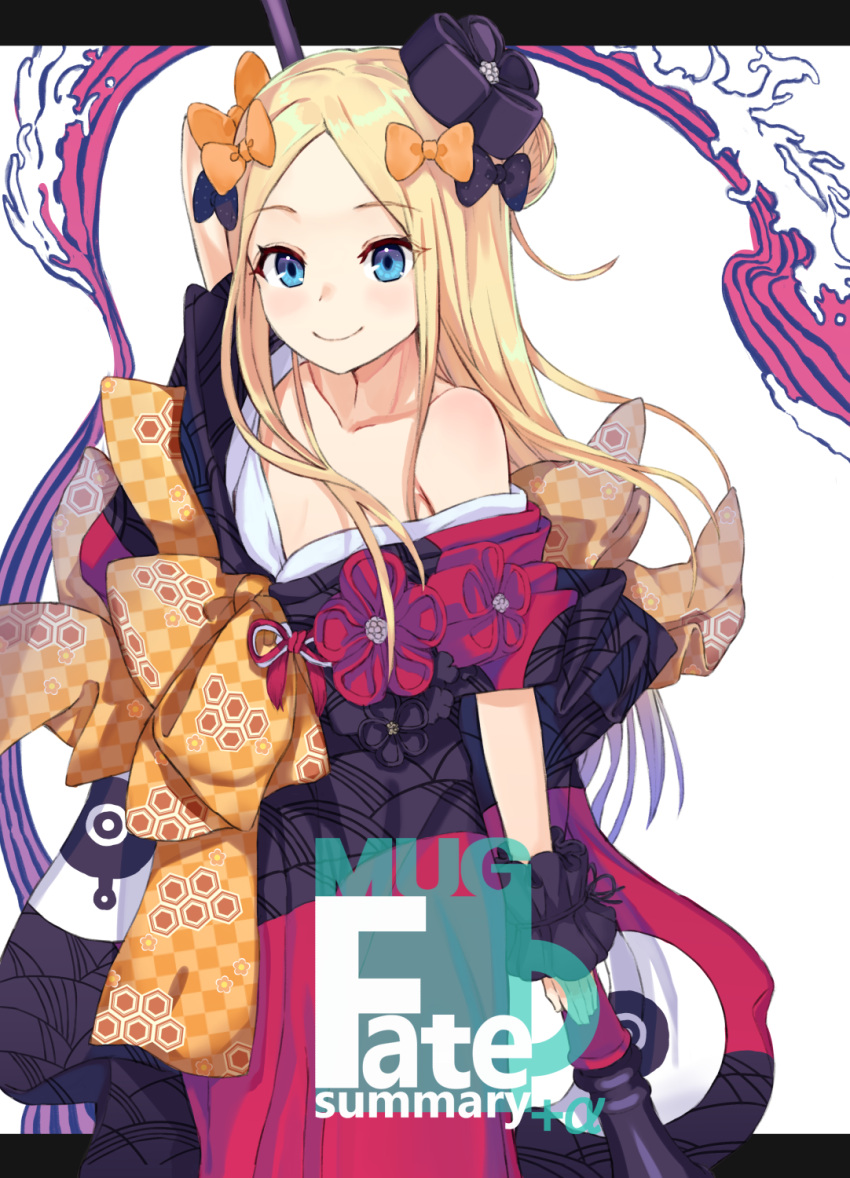 1girl abigail_williams_(fate/grand_order) arm_behind_back bangs bare_shoulders black_bow black_jacket blonde_hair blush bow checkered closed_mouth commentary_request cosplay cover cover_page eyebrows_visible_through_hair fate/grand_order fate_(series) forehead hair_bow hair_ornament highres holding jacket katsushika_hokusai_(fate/grand_order) katsushika_hokusai_(fate/grand_order)_(cosplay) long_hair mugcup off_shoulder orange_bow parted_bangs smile solo very_long_hair white_background wrist_cuffs