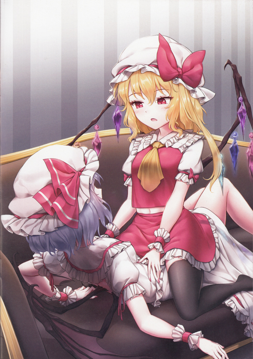 2girls absurdres arm_support ascot bangs bat_wings black_legwear blonde_hair blue_hair blush bow breasts couch crystal dress eyebrows_visible_through_hair flandre_scarlet frilled_shirt_collar frills hair_between_eyes hat hat_bow hat_ribbon highres huge_filesize incest indoors long_hair looking_at_another lying midriff_peek minust mob_cap multiple_girls navel no_shoes on_back one_side_up open_mouth petticoat puffy_short_sleeves puffy_sleeves red_bow red_eyes red_ribbon red_skirt red_vest remilia_scarlet ribbon scan shirt short_hair short_sleeves siblings sisters sitting sitting_on_person skirt skirt_set slit_pupils small_breasts striped thigh-highs thighs touhou vertical_stripes vest white_dress white_headwear white_shirt wings wrist_cuffs yellow_neckwear yuri