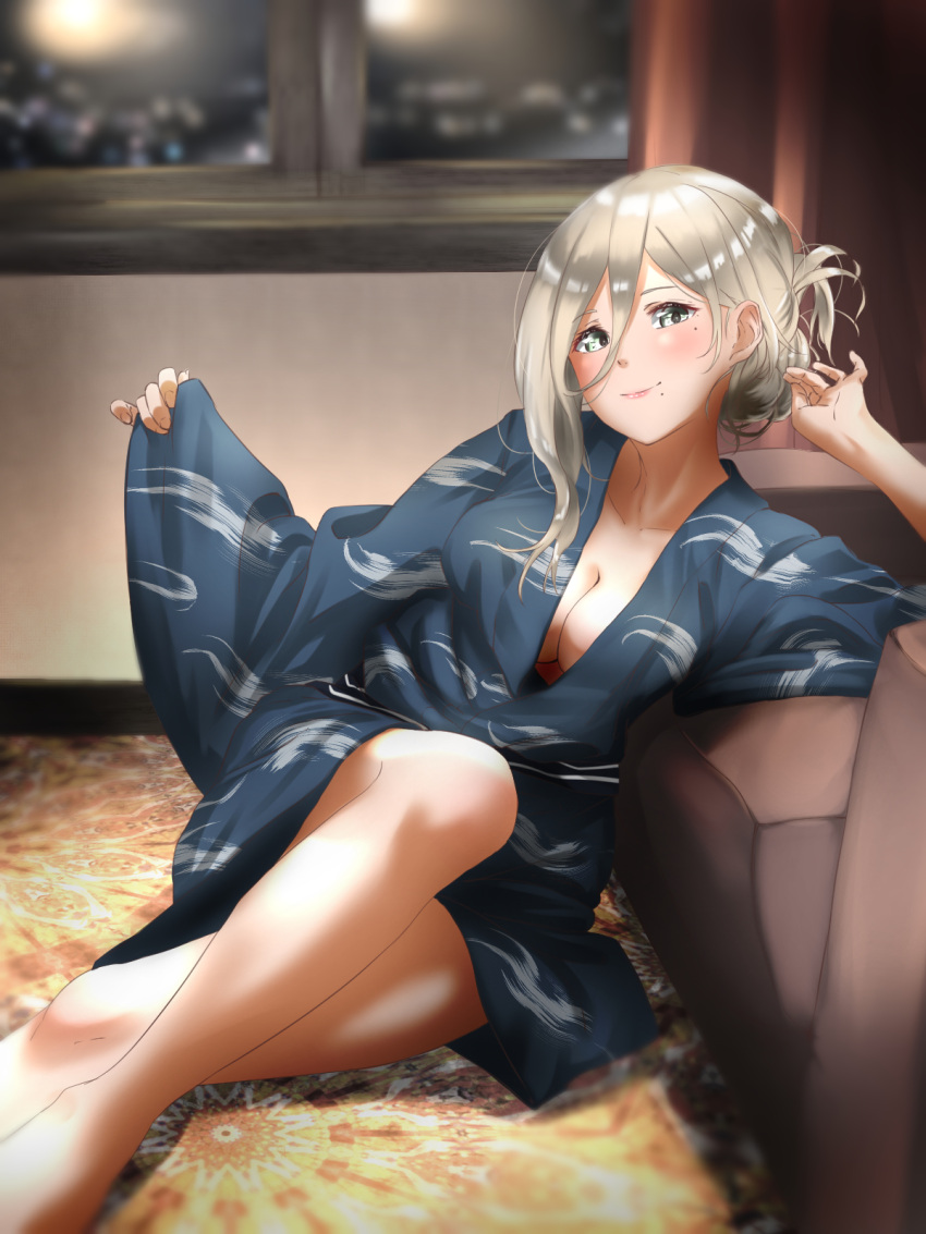 1girl blonde_hair blue_eyes blue_kimono blush breasts city closed_mouth couch eyebrows_visible_through_hair hair_between_eyes hair_ornament highres japanese_clothes kantai_collection kimono long_hair looking_at_viewer medium_breasts mole mole_under_eye mole_under_mouth night night_sky no_bra open_clothes richelieu_(kantai_collection) sitting sky smile solo tama_(seiga46239239) window yukata