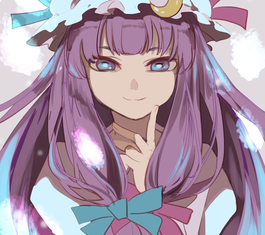 1girl bangs blue_bow blue_eyes blue_ribbon blunt_bangs bow crescent crescent_hair_ornament finger_to_mouth fire grey_background hair_bow hair_ornament half-closed_eyes hand_on_own_cheek hand_up hat hat_ribbon highres joniko1110 long_hair looking_at_viewer mob_cap patchouli_knowledge purple_bow purple_hair purple_ribbon ribbon sidelocks simple_background smile solo touhou upper_body