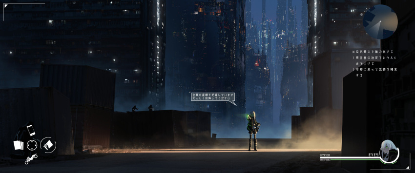 1girl 3others absurdres asuteroid bad_id bad_twitter_id black_jacket black_legwear black_shorts boots building city city_lights cityscape commentary container cyberpunk expressionless fake_screenshot fog gameplay_mechanics glowing glowing_eyes green_eyes gun hair_between_eyes heads-up_display health_bar highres holding holding_gun holding_weapon hood iz_(asuteroid) jacket knee_boots long_hair long_sleeves multiple_others neon_trim night open_clothes open_jacket original outdoors science_fiction shadow shipping_container shirt shorts skyscraper solo_focus speech_bubble standing thigh-highs translated user_interface weapon white_hair white_shirt wide_shot