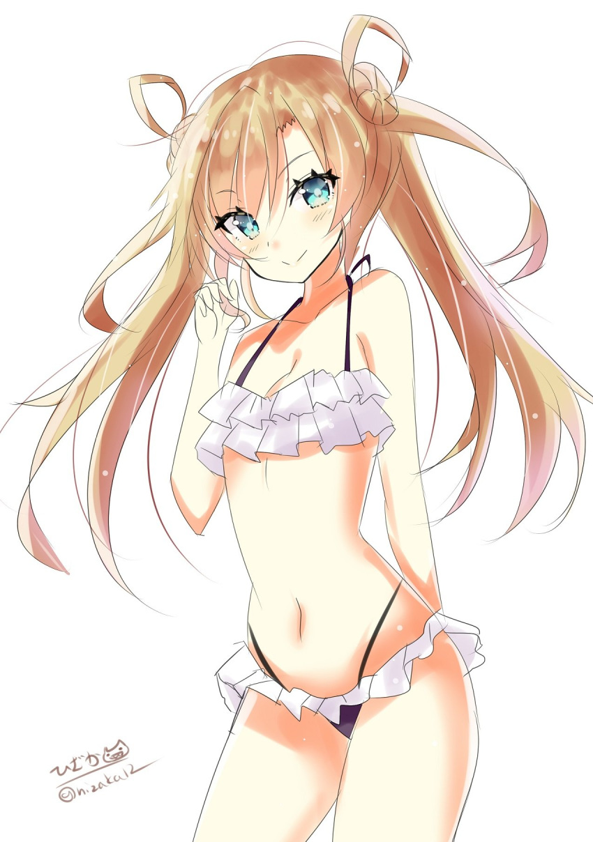 1girl abukuma_(kantai_collection) bikini blonde_hair blue_eyes blush breasts closed_mouth double_bun eyebrows_visible_through_hair hair_between_eyes hair_rings highres hizaka kantai_collection long_hair looking_at_viewer navel simple_background small_breasts smile solo swimsuit twitter_username white_background