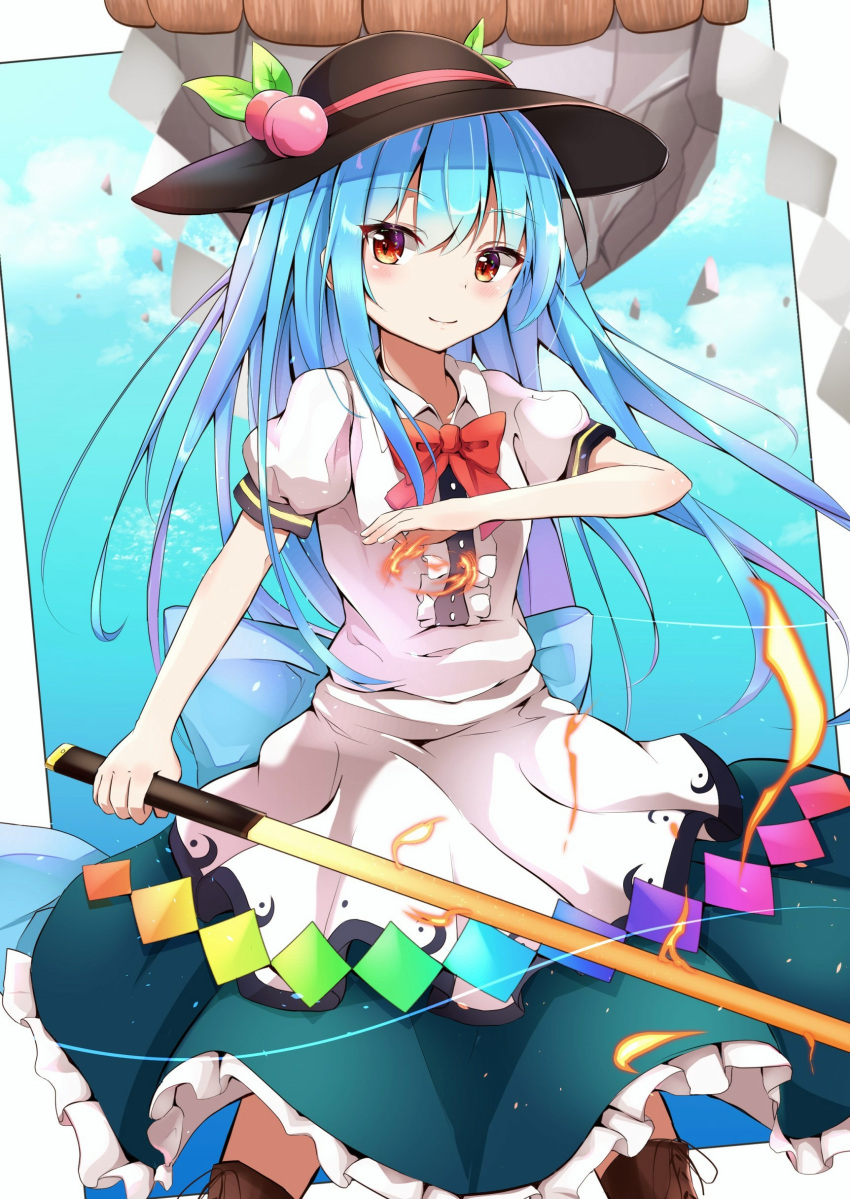 1girl absurdres arm_up bangs black_headwear blue_hair blue_sky boots bow bowtie brown_footwear clouds dress eyebrows_visible_through_hair feet_out_of_frame fire hair_between_eyes hat head_tilt highres hinanawi_tenshi holding holding_sword holding_weapon iyo_(ya_na_kanji) keystone knee_boots layered_dress legs_apart light_particles long_hair looking_at_viewer puffy_short_sleeves puffy_sleeves red_eyes red_neckwear rope shide shimenawa short_sleeves sky smile solo sword sword_of_hisou touhou very_long_hair weapon wind