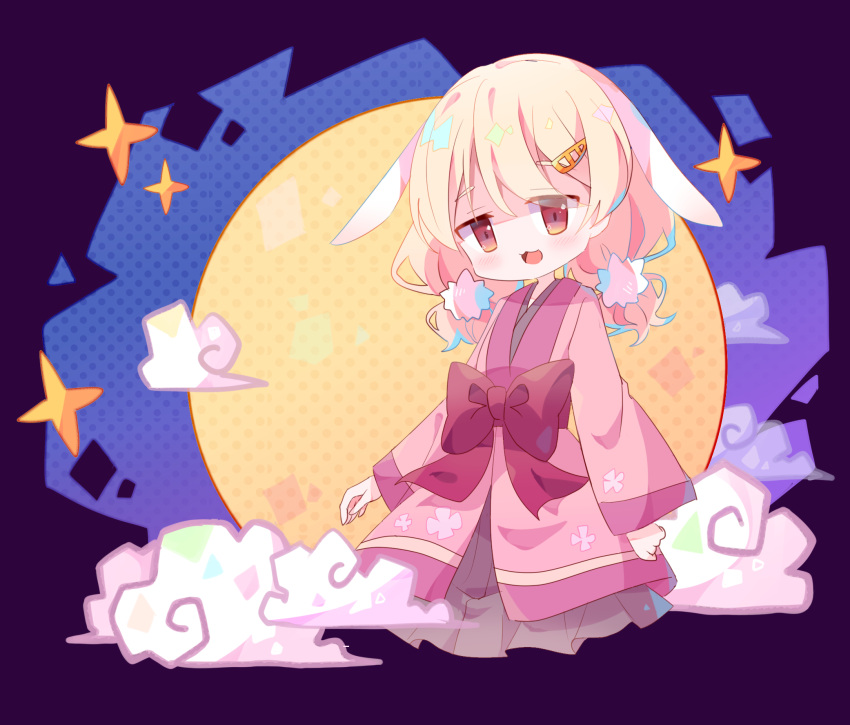 1girl :3 :d animal_ears bangs blonde_hair blush bow brown_eyes clouds cold_you extra_ears eyebrows_visible_through_hair eyes_visible_through_hair full_moon hair_ornament hair_tie hairclip highres large_bow long_hair long_sleeves looking_at_viewer low_twintails moon open_mouth original rabbit_ears red_bow smile solo star twintails wide_sleeves