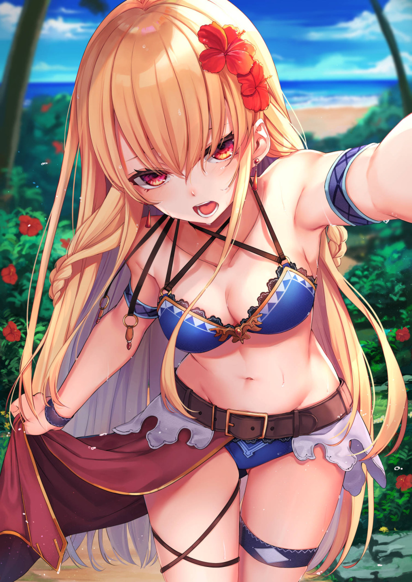 1girl armband armpits asymmetrical_clothes asymmetrical_skirt bare_shoulders beach belt blonde_hair blue_sky blurry blurry_background blush breasts buckle bush clouds cowboy_shot earrings flower groin hair_flower hair_ornament hibiscus highres jewelry leaning_forward long_hair medium_breasts mizuiro_raika navel o-ring o-ring_bikini open_mouth original palm_tree reaching_out red_eyes skindentation skirt sky solo stomach thigh_strap tree very_long_hair wet wristband