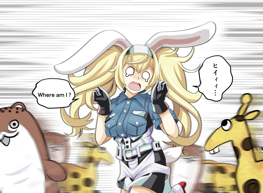 1girl animal_ears belt black_gloves blonde_hair blue_eyes blue_shirt bokukawauso breast_pocket breasts collared_shirt commentary_request crying gambier_bay_(kantai_collection) giraffe gloves hair_between_eyes hairband highres kantai_collection large_breasts mascot multicolored multicolored_clothes multicolored_gloves otter pocket rabbit_ears shirt short_sleeves shorts tk8d32 translated twintails white_gloves