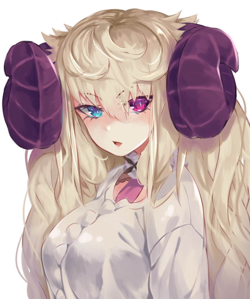 1girl absurdres blonde_hair blue_eyes breasts eyebrows_visible_through_hair heterochromia highres horns long_hair looking_at_viewer open_mouth original sheep_horns simple_background solo sweater torieto twintails violet_eyes white_background