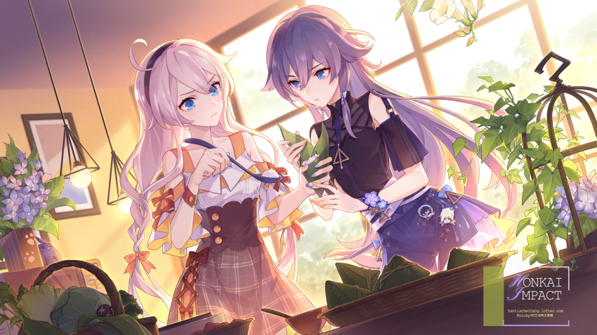 2girls ahoge bangs belt black_hairband black_shirt blue_eyes blue_hair blue_shorts breasts buckle casual closed_mouth day detached_sleeves eyebrows_visible_through_hair food fu_hua hair_between_eyes hair_ornament hair_ribbon hairband holding holding_food holding_spoon honkai_(series) honkai_impact_3rd indoors kiana_kaslana kickylian long_hair low_twintails medium_breasts multiple_belts multiple_girls parted_lips plaid plaid_skirt plant ribbon shirt shorts shoulder_cutout sidelocks silver_hair skirt skort spoon strap tress_ribbon turtleneck twintails very_long_hair window wrist_cuffs